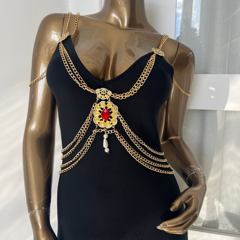 Brand New! Elegant Black Dress with Gold Accents - Picture 2 of 10